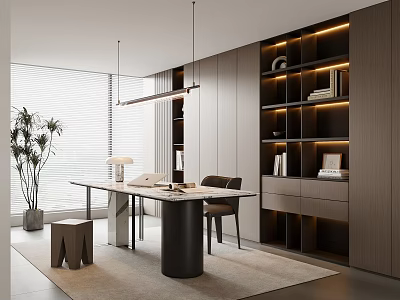 Modern Study Room Interior Design With Long Desk Bookshelves Chair And Hanging Light 3d model