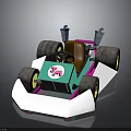 Turquoise And White Toy Go Kart With Brown Seat Black Wheels And Circular Logo Featuring Number 34