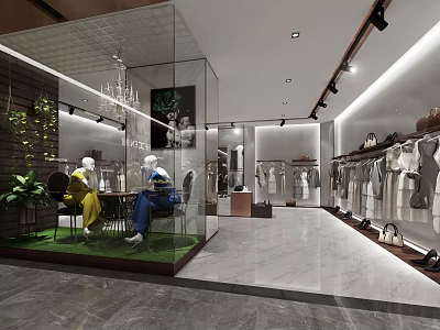 Clothing Store Interior Design With Mannequins Green Plants Chandelier And Display Racks 3d model