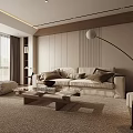 Modern Neutral Tones Living Room Interior With Beige Sofa Wooden Coffee Table And Floor Lamp