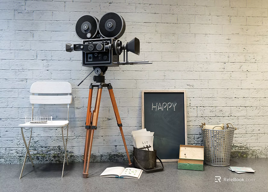 Vintage Film Projector Setup With Tripod White Chair And Happy Chalkboard 3d model 