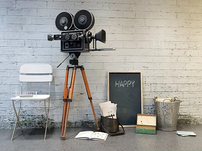 Vintage Film Projector Setup With Tripod White Chair And Happy Chalkboard 3d model