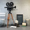Vintage Film Projector Setup With Tripod White Chair And Happy Chalkboard
