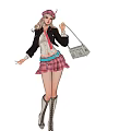 Fashionable Game Character In Plaid Beret Skirt Black Jacket And Tie