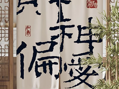 Chinese Style Curtains With Traditional Calligraphy Characters And Red Seal Stamps Near Bamboo Plants And Lattice Windows 3d model