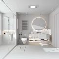 Modern Bathroom Interior With Shower Area Vanity Toilet And Round Mirror