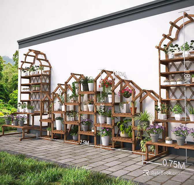 Outdoor Wooden Flower Stand With Multiple Plants Pots And Different Sizes 3d model 