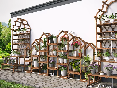 Outdoor Wooden Flower Stand With Multiple Plants Pots And Different Sizes 3d model