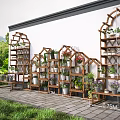 Outdoor Wooden Flower Stand With Multiple Plants Pots And Different Sizes