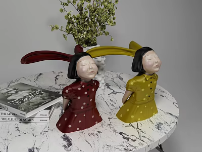 Decorative Ornament Set With Red Polka Dot Yellow Girl Figurines Green Plant Marble Tabletop Books 3d model