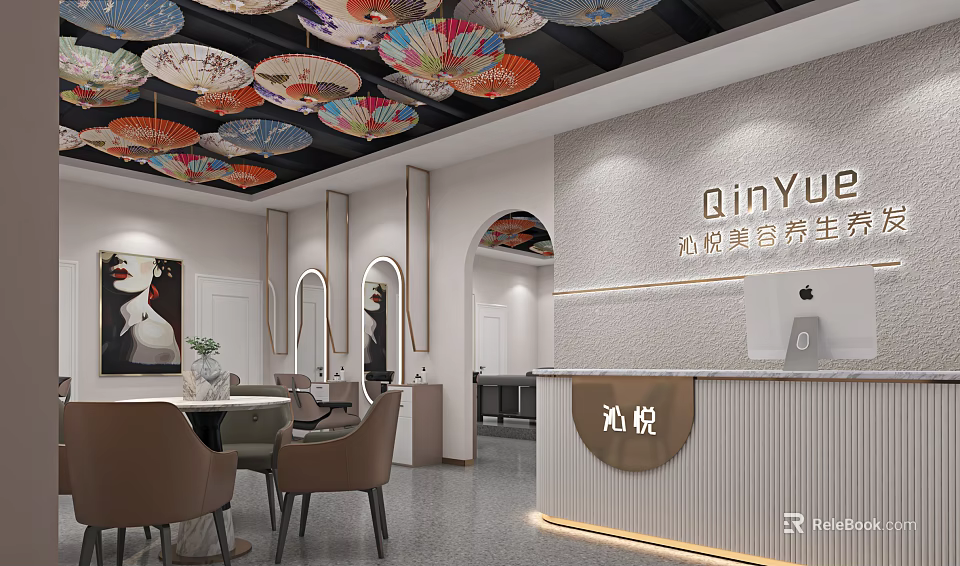 Modern Luxury Beauty Hair Salon Interior With Decorative Umbrella Ceiling And Reception Desk 3d model 