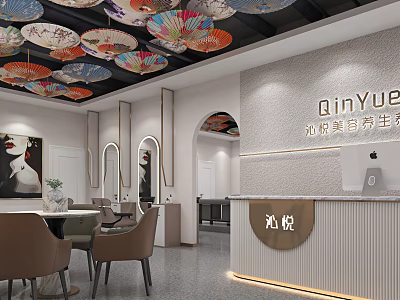 Modern Luxury Beauty Hair Salon Interior With Decorative Umbrella Ceiling And Reception Desk 3d model