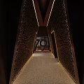 Modern Restaurant Interior With Wooden Ceiling Warm Lighting And Striped Partitions