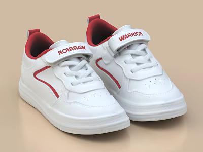 White Kids Warrior Sneakers With Red Accents And Velcro Straps 3d model