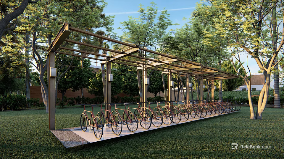Outdoor Bicycle Shelter With Metal Frame For Bike Parking Surrounded By Green Trees And Grass 3d model 