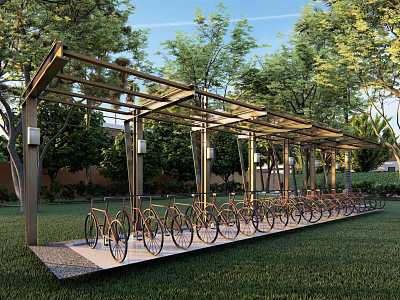 Outdoor Bicycle Shelter With Metal Frame For Bike Parking Surrounded By Green Trees And Grass 3d model