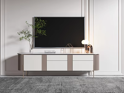 Modern TV Stand With Black TV Green Plant And Table Lamp On Gray Rug 3d model
