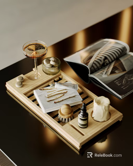 Elegant Decorative Ornament Set on Wooden Tray with Cocktail Glass Macarons Magazine and Candle 3d model 