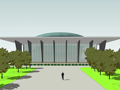 Modern Public Building With Glass Facade Arc Roof And Walkway With Trees 3d model