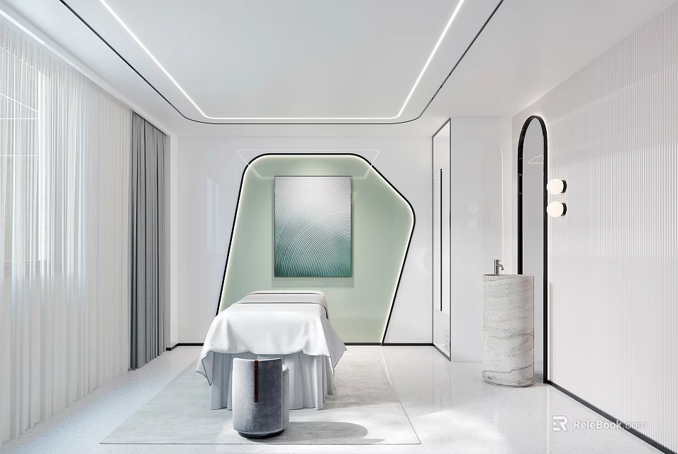 Modern SPA Room Interior With Treatment Bed And Art Decor 3d model 