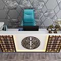 Elegant Reception Desk With Chinese Lattice Decoration And Marble Background Wall 3d model