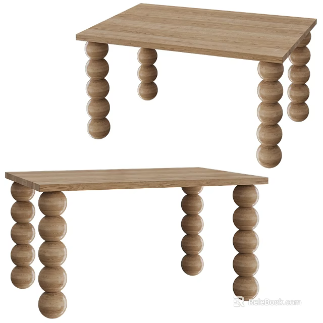 Wooden Dining Table With Ball Shaped Stacked Legs And Light Wood Top 3d model 