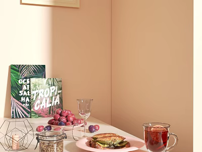 Fresh Sandwich And Grapes On Table Against Pastel Walls With Tea Cup And Books 3d model