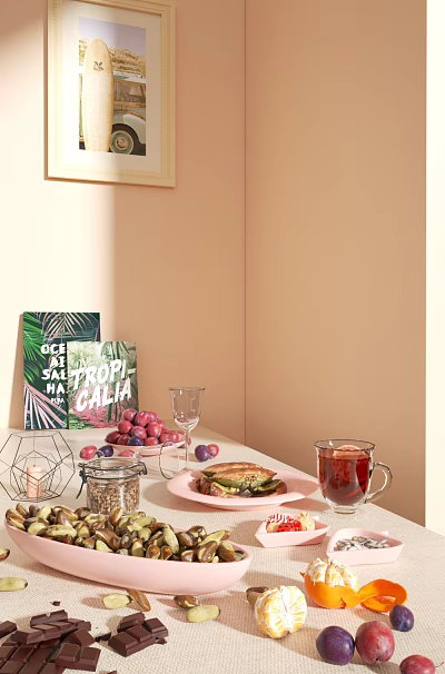 Fresh Sandwich And Grapes On Table Against Pastel Walls With Tea Cup And Books 3d model