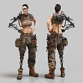Bio Mechanical Character With Prosthetic Arms Legs Tactical Outfit Gear Front Back Views