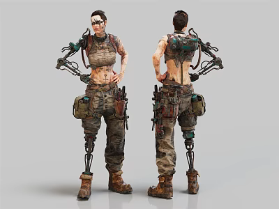 Bio Mechanical Character With Prosthetic Arms Legs Tactical Outfit Gear Front Back Views 3d model