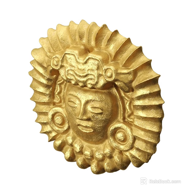 Golden Female Head Ornamental Decor Set With Radiant Curled Patterns 3d model 