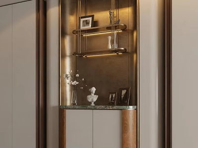 Elegant Entryway Console Cabinet And Side Cabinet With Vase Photo Frames And Lighting 3d model