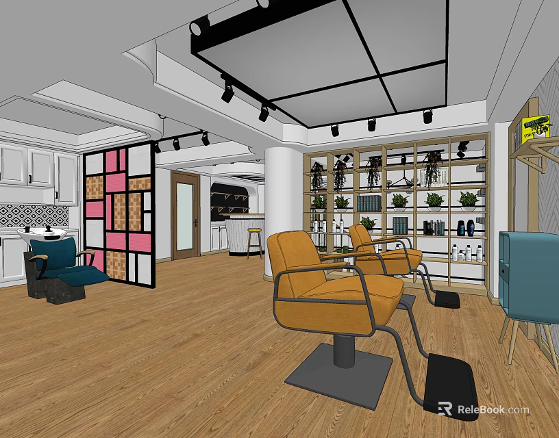 Modern Hair Salon Interior With Yellow Styling Chairs Green Plants On Shelves And Wooden Flooring 3d model 