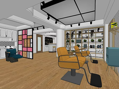 Modern Hair Salon Interior With Yellow Styling Chairs Green Plants On Shelves And Wooden Flooring 3d model