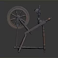Antique Wooden Spinning Wheel With Large Wheel And Wooden Support Structure