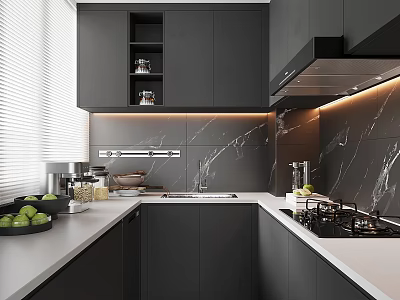 Modern Kitchen Interior With Black Cabinets Marble Wall And White Countertops 3d model