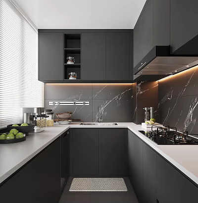Modern Kitchen Interior With Black Cabinets Marble Wall And White Countertops 3d model