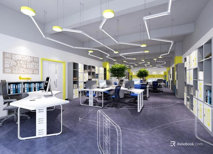 Modern Public Office Space With Multiple Workstations Ergonomic Chairs Bookshelves And Green Plants 3d model 