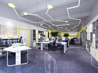 Modern Public Office Space With Multiple Workstations Ergonomic Chairs Bookshelves And Green Plants 3d model