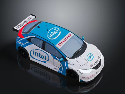 Intel Tirestone Blue White Red Racing Car With Rear Wing And Body Design 3d model