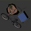 Outdoor Relaxation Setup With Bicycle Blue Chair Tree Stump Table Potted Plant And Garden Tool