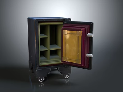 Black Safe Cabinet On Wheels With Open Red Door And Gold Internal Shelves 3d model