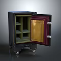 Black Safe Cabinet On Wheels With Open Red Door And Gold Internal Shelves