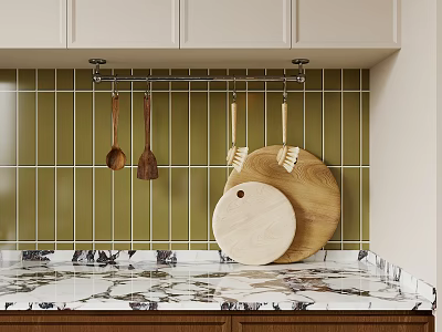 Green Tiled Kitchen Backsplash With Hanging Wooden Spoons Brushes And Round Cutting Boards 3d model