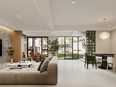 Modern Living Room Interior With Beige Sofa Large Windows Green Plants And Coffee Table 3d model