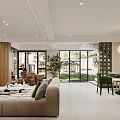 Modern Living Room Interior With Beige Sofa Large Windows Green Plants And Coffee Table