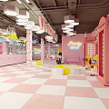 Pink KTV Interior Design With Neon Lights Checkerboard Floor Counter And Seats