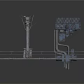 Industrial Metal Platform With Control Box Pipes Utility Pole And Railings