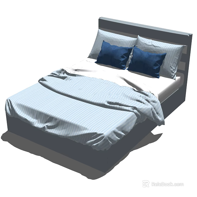 Modern Double Bed With Striped Bedspread Blue Pillows And Gray Headboard 3d model 