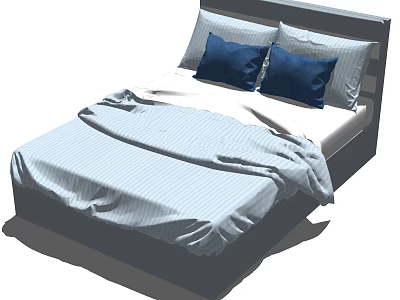 Modern Double Bed With Striped Bedspread Blue Pillows And Gray Headboard 3d model